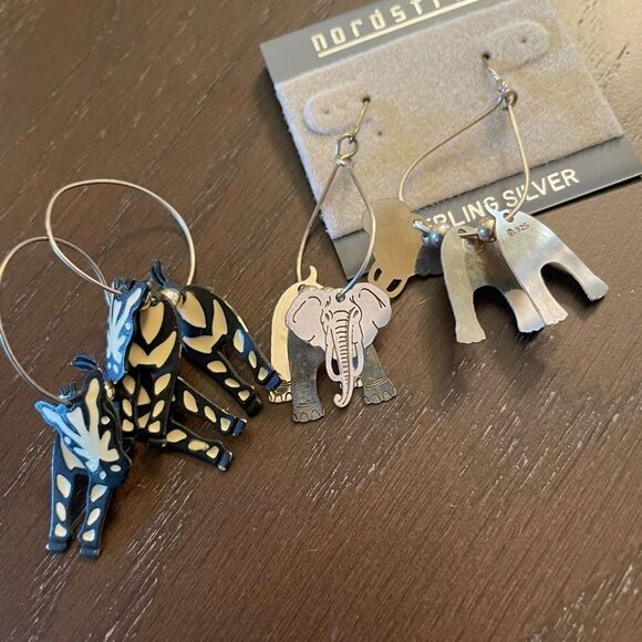 Sterling Silver 3D Elephant and Zebra Hoop Earrings - Picture 1 of 15